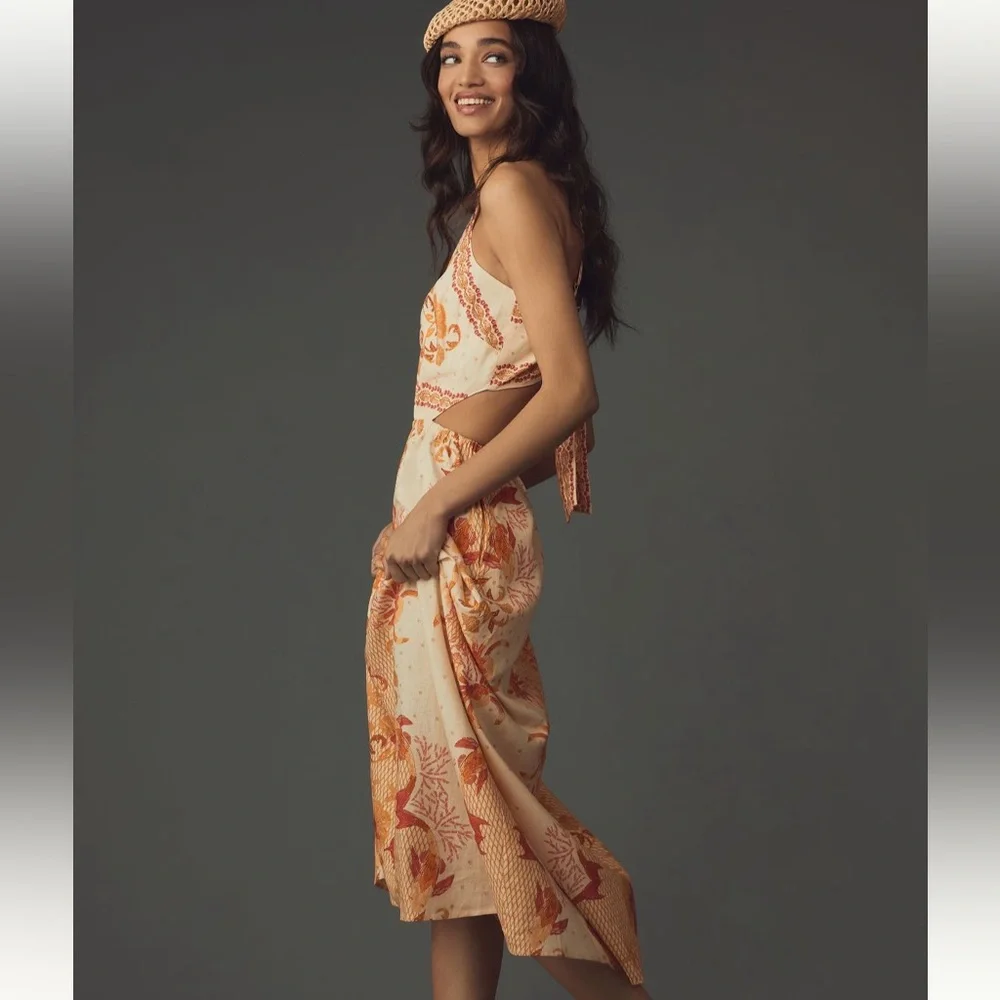 Farm Rio Halter Cutout Dress Anthropologie Scarf Beach Starfish Peach XL NWT - Picture 4 of 8